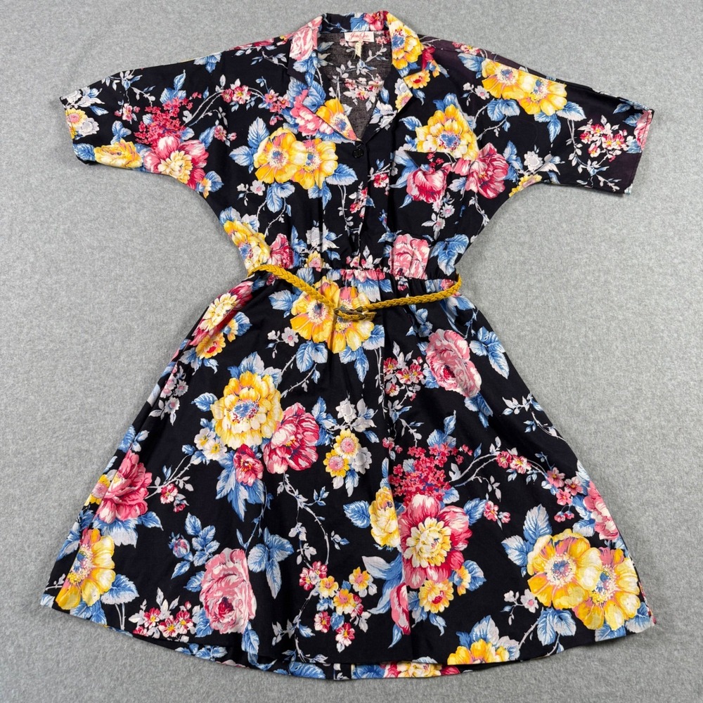 Vintage 70s 80s Jerri Jee New York Floral Shirt Dress Cottagecore Belted 10